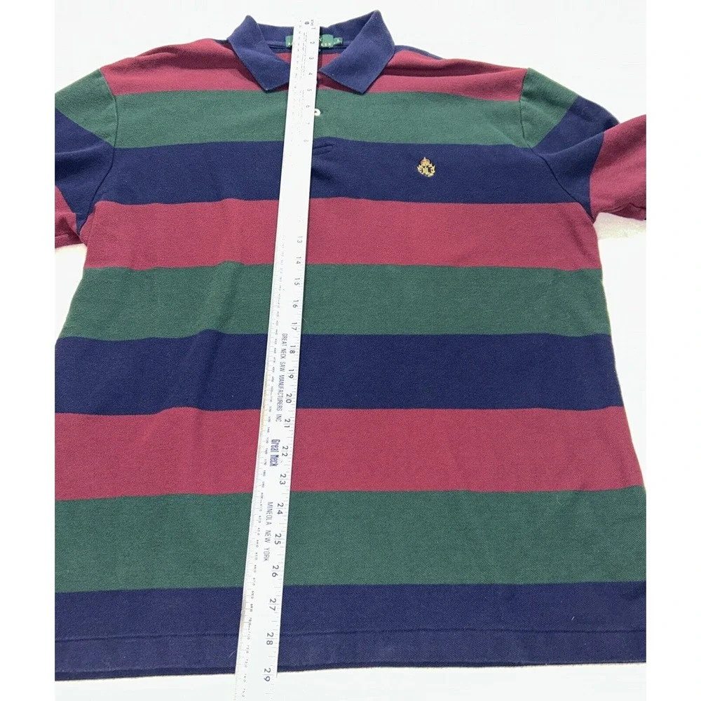 Men's Large Vintage Lauren Ralph Lauren Burgundy Green‎ Navy Stripe Polo Shirt